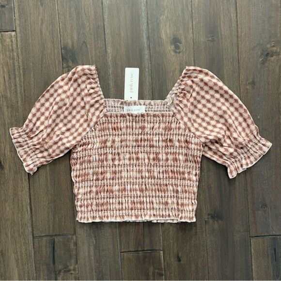 Pink Rose Geometric Print Ruched Puff Sleeve Crop Top Jr. S NWT - Picture 1 of 6